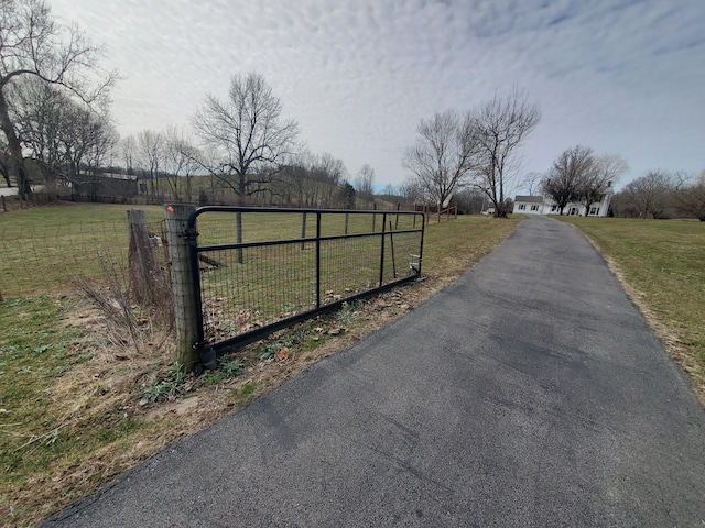 view of road featuring driveway, a rural view, a gate, and a gated entry