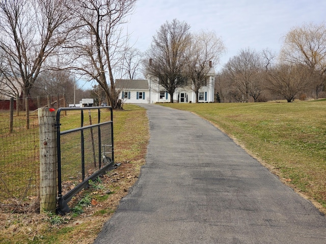 view of street with a gate, driveway, and a gated entry