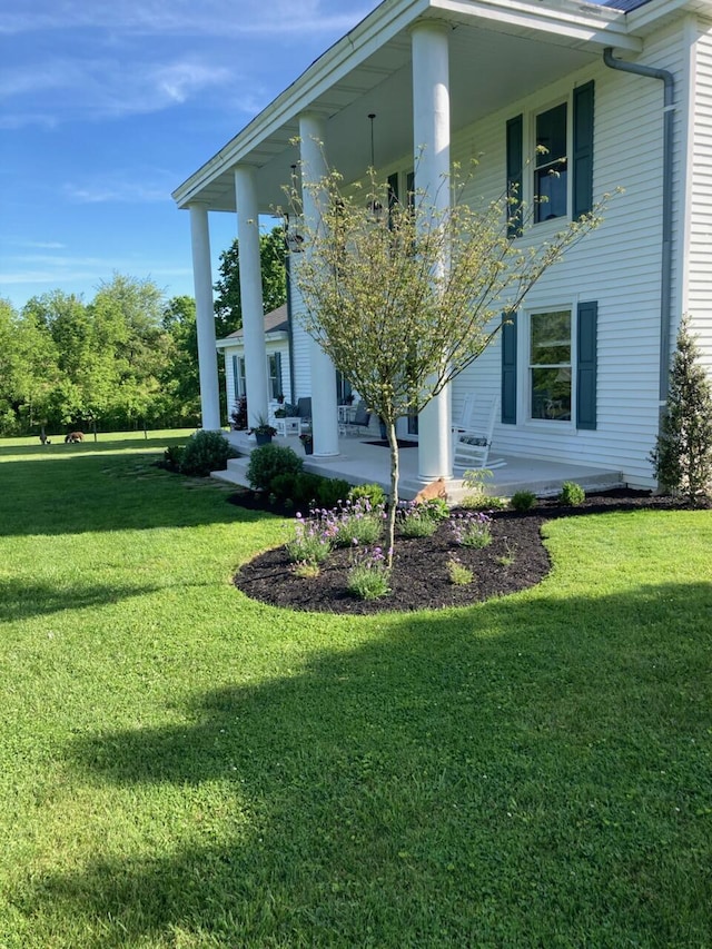 view of home's exterior featuring covered porch and a lawn