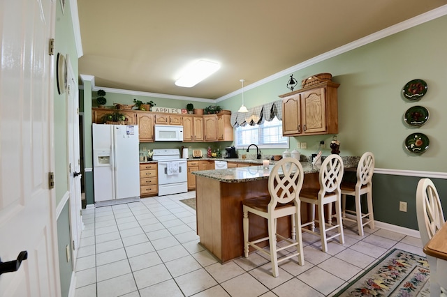 kitchen with light tile patterned floors, a peninsula, white appliances, and a sink