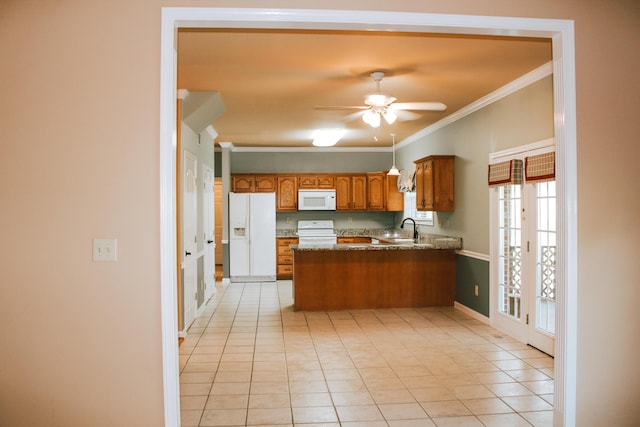 415 David Ln, Winchester, KY 40391 - kitchen featuring white appliances, a peninsula, crown molding, brown cabinets, and ceiling fan