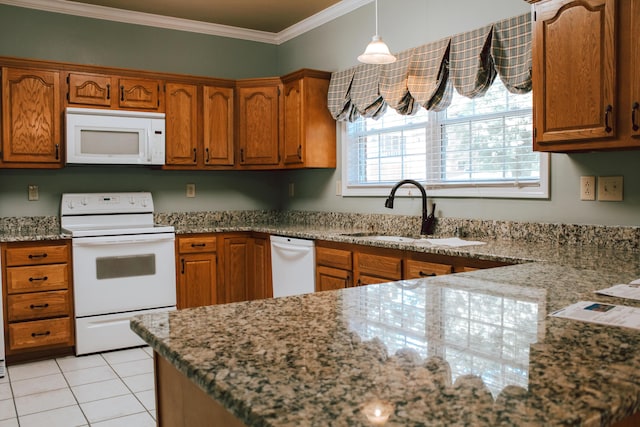 415 David Ln, Winchester, KY 40391 - kitchen with white appliances, brown cabinetry, light stone countertops, and ornamental molding