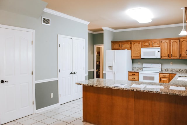 415 David Ln, Winchester, KY 40391 - kitchen with white appliances, brown cabinetry, a peninsula, light tile patterned flooring, and crown molding