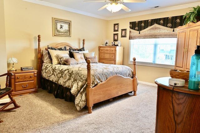 bedroom featuring baseboards, ornamental molding, a ceiling fan, and light colored carpet