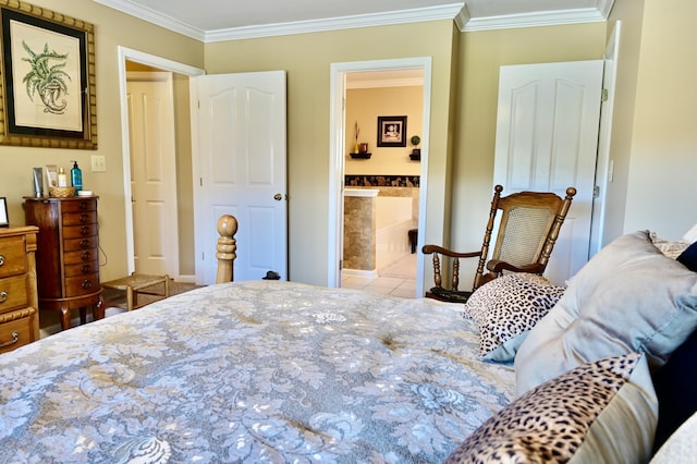 tiled bedroom featuring connected bathroom and crown molding