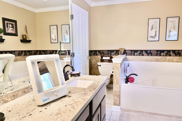 bathroom featuring ornamental molding, wainscoting, a bath, and tile patterned floors