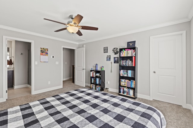 bedroom featuring light colored carpet, baseboards, and ornamental molding