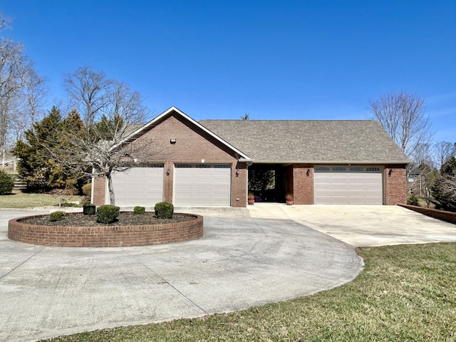 ranch-style house featuring a garage, concrete driveway, brick siding, and a shingled roof