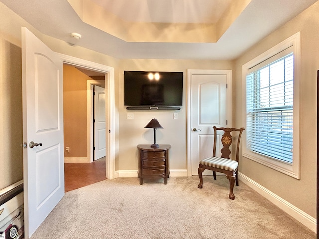 sitting room featuring a tray ceiling, carpet, and baseboards