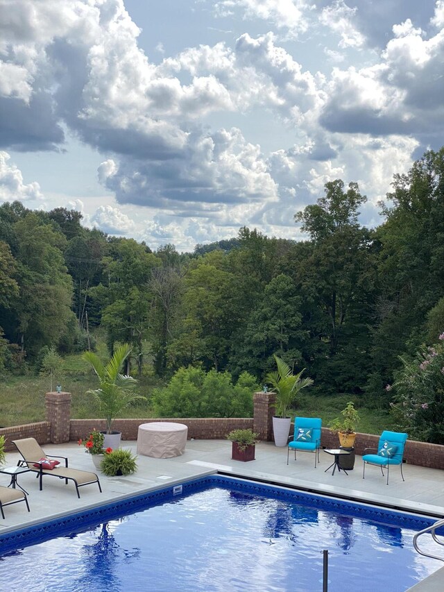 outdoor pool featuring a patio and a forest view