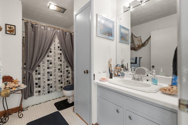 full bath with tile patterned flooring, visible vents, vanity, and toilet