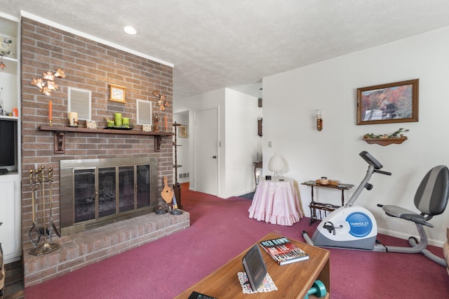 living room featuring visible vents, baseboards, a textured ceiling, carpet flooring, and a brick fireplace