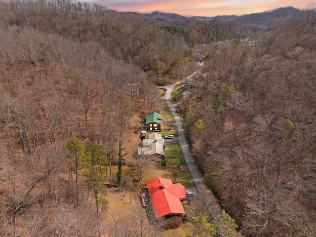 aerial view at dusk with a mountain view and a view of trees