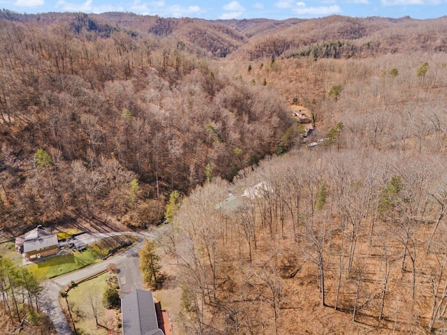 drone / aerial view featuring a mountain view and a wooded view