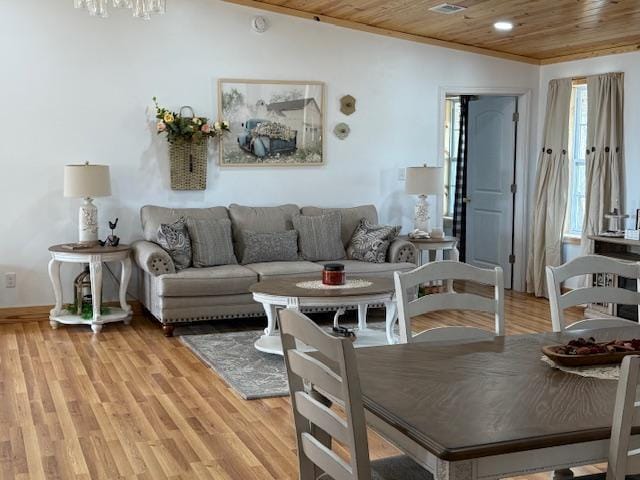 living room with lofted ceiling, wood ceiling, and light wood-style flooring