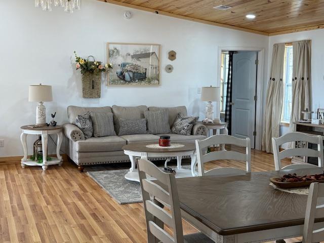 living room featuring light wood finished floors, a chandelier, and wooden ceiling