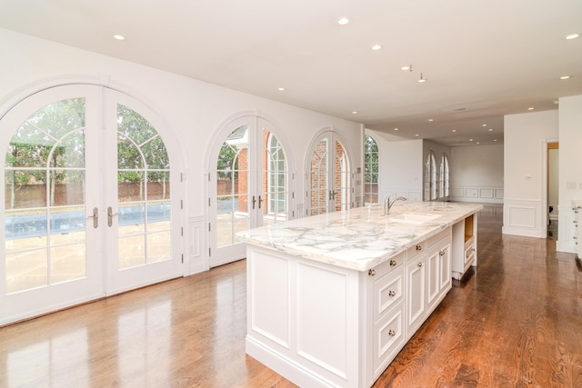 kitchen with wood finished floors, light stone counters, a sink, and french doors