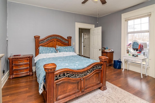 bedroom with ceiling fan and wood finished floors