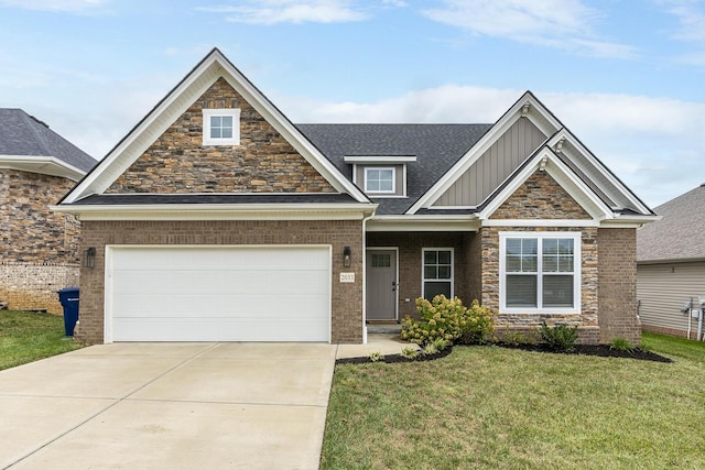 craftsman inspired home featuring a garage, brick siding, concrete driveway, a front lawn, and board and batten siding