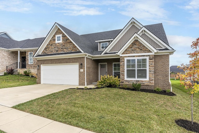 craftsman house featuring concrete driveway, a front lawn, board and batten siding, and a shingled roof