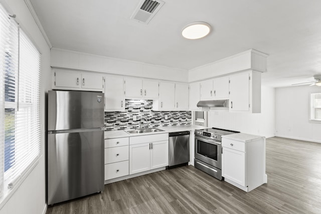 kitchen with under cabinet range hood, a sink, visible vents, light countertops, and appliances with stainless steel finishes