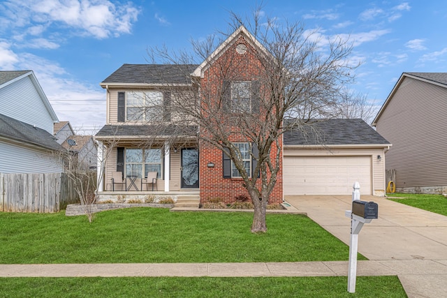 traditional-style home featuring a garage, concrete driveway, covered porch, fence, and a front lawn