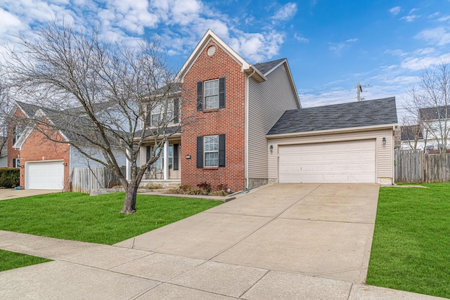 view of front of house featuring brick siding, fence, driveway, and a front lawn