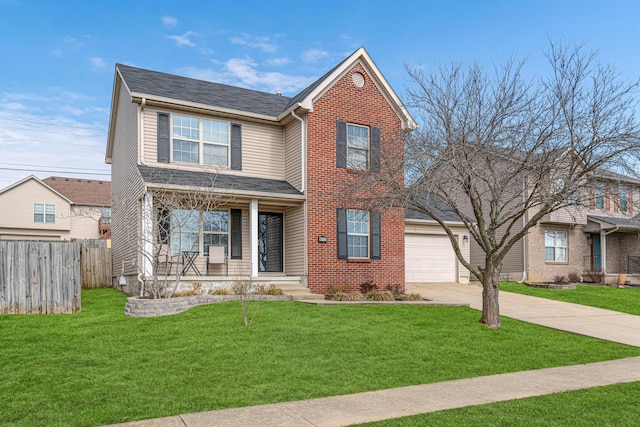 traditional home with covered porch, brick siding, fence, driveway, and a front lawn