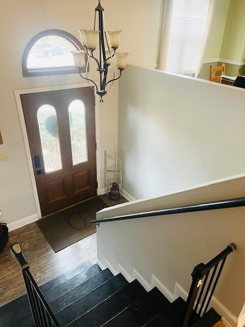 entryway featuring baseboards, an inviting chandelier, and wood finished floors