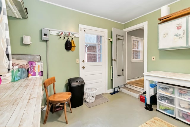 interior space featuring finished concrete floors