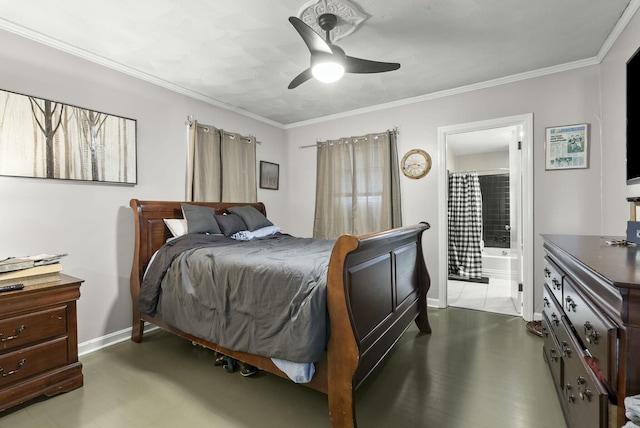 bedroom featuring ornamental molding, connected bathroom, baseboards, and a ceiling fan