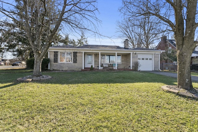 single story home featuring a garage, driveway, a chimney, and a front lawn