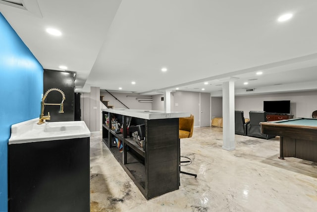 bar featuring recessed lighting, concrete floors, a sink, and pool table