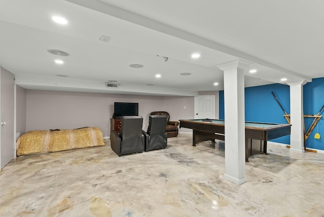 recreation room featuring billiards, visible vents, concrete flooring, and recessed lighting