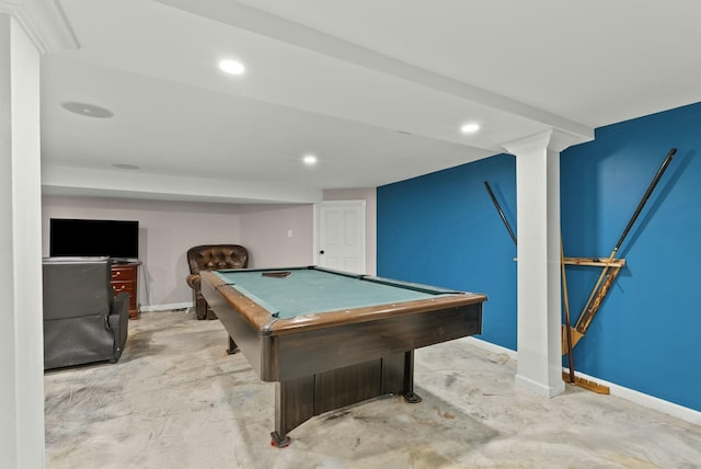 recreation room with concrete flooring, recessed lighting, billiards, and baseboards