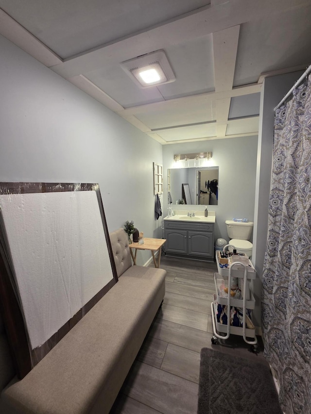 full bath featuring vanity, toilet, and wood finished floors