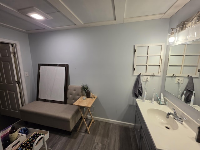 bathroom featuring baseboards, wood finished floors, and vanity