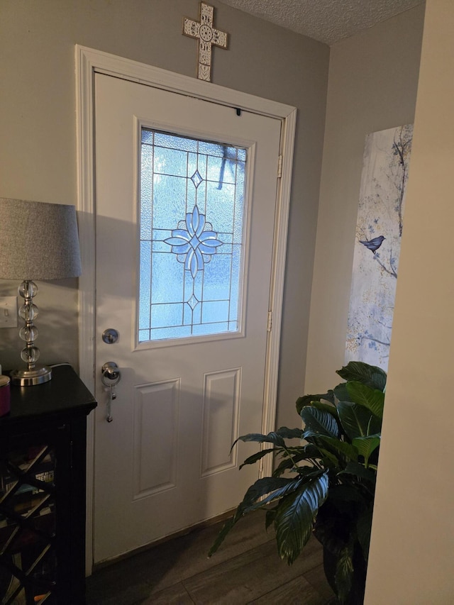 entrance foyer featuring dark wood-style floors, plenty of natural light, and a textured ceiling