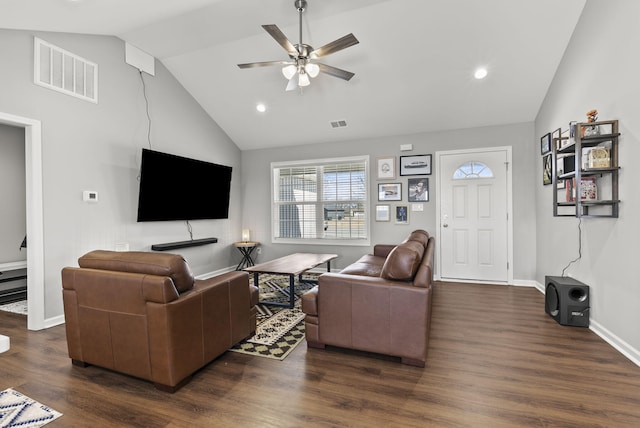 living room featuring recessed lighting, visible vents, dark wood-type flooring, ceiling fan, and baseboards