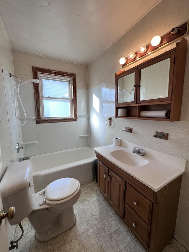 full bath featuring tub / shower combination, vanity, and toilet