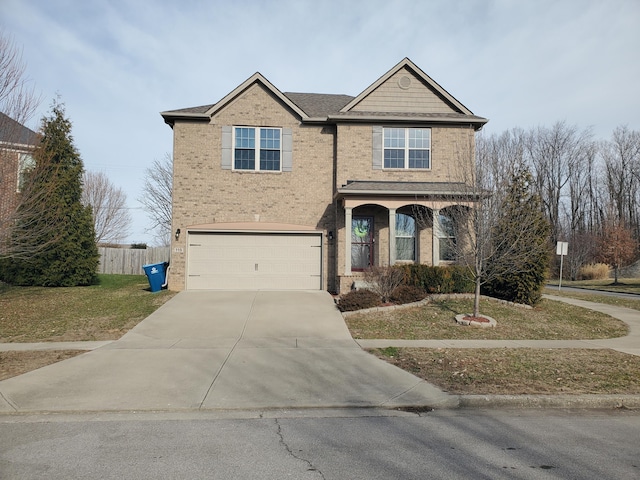 traditional-style house with a garage, driveway, brick siding, and fence