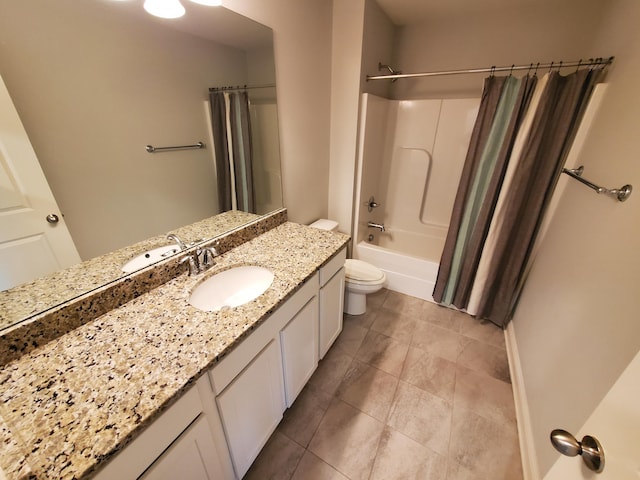 full bath with tile patterned floors, vanity, toilet, and shower / tub combo with curtain