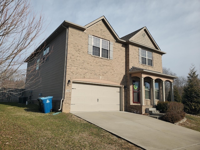 view of front of house featuring central AC unit, a garage, brick siding, concrete driveway, and a front lawn