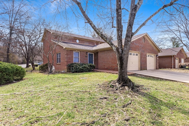 view of front facade featuring concrete driveway, brick siding, a front lawn, and an attached garage