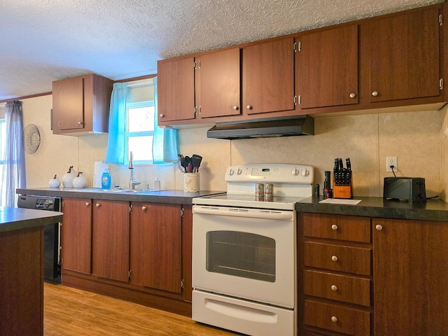 kitchen featuring dark countertops, under cabinet range hood, electric stove, and dishwasher