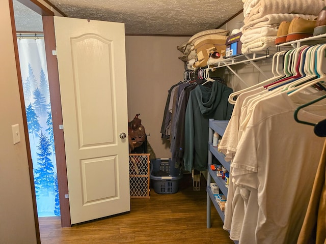 walk in closet with wood finished floors