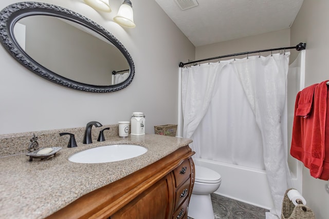 bathroom with shower / tub combo with curtain, visible vents, toilet, a textured ceiling, and vanity