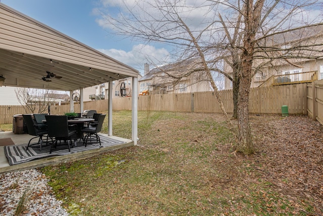 view of yard featuring ceiling fan, a patio area, and a fenced backyard