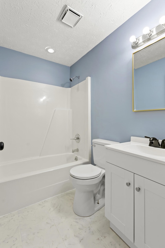 full bath featuring bathing tub / shower combination, visible vents, toilet, a textured ceiling, and vanity