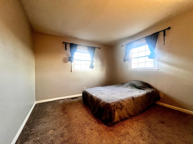 bedroom featuring carpet floors, multiple windows, visible vents, and baseboards